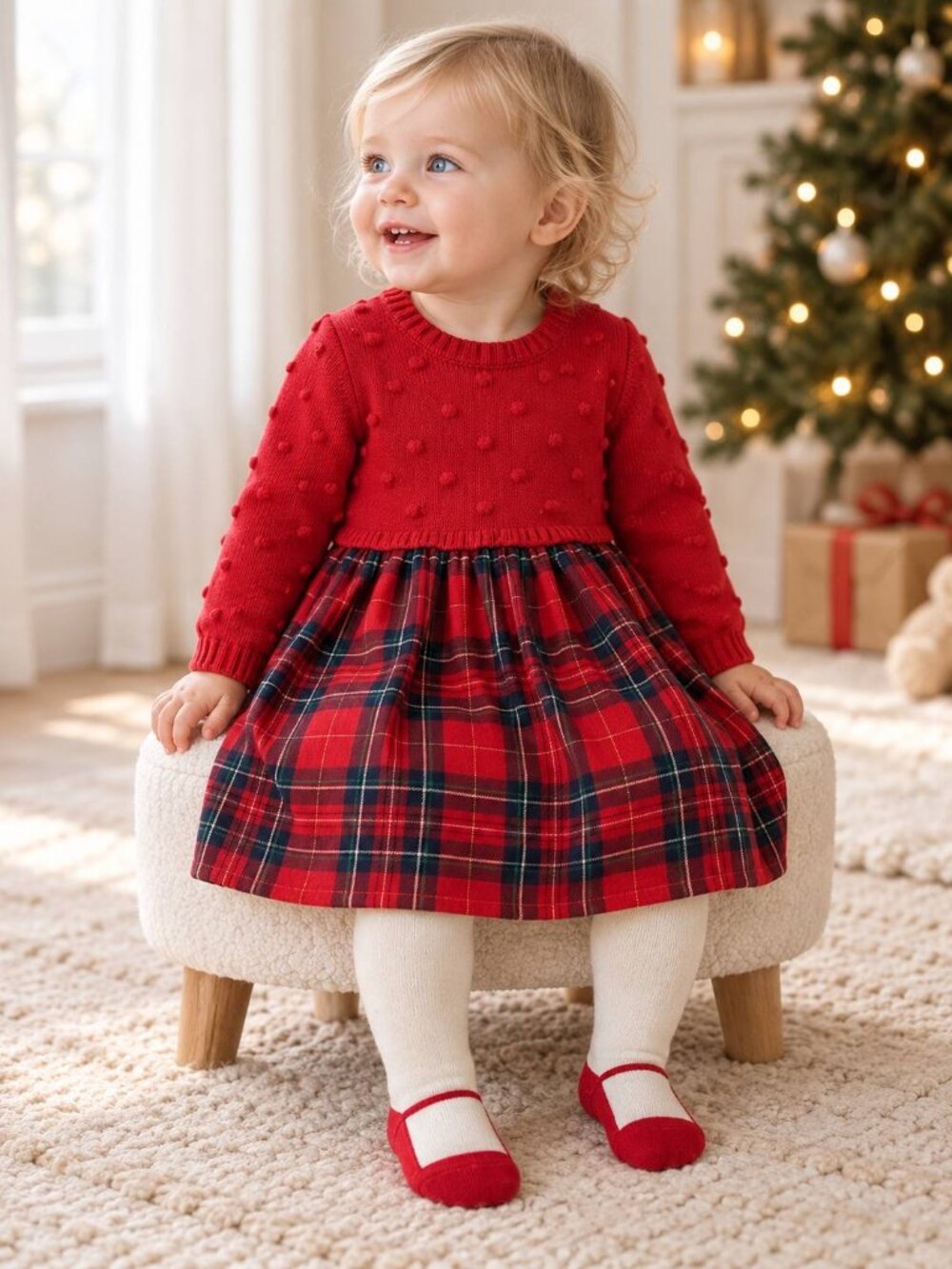 Bonnie Baby Sweater Dress Girls Red Plaid Size 24M 2 Piece Set With Tights NWT
